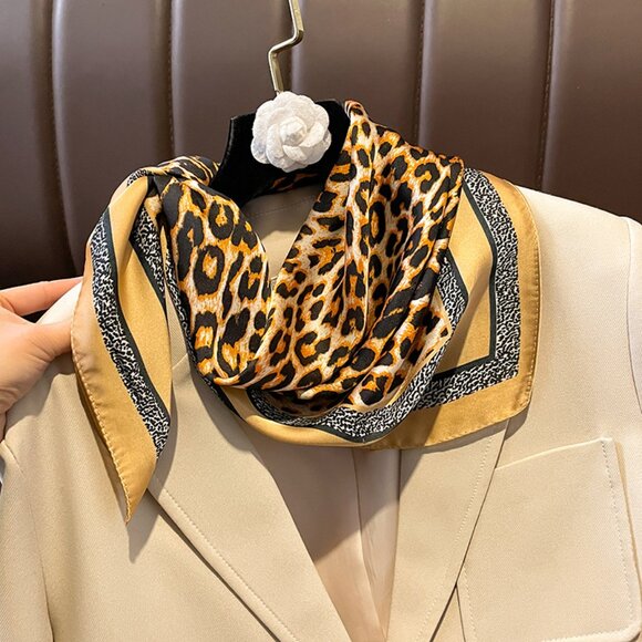 2/$30 Large Square Black Gold Satin Silky Neck Head Scarf Leopard Print Gift - Picture 5 of 6